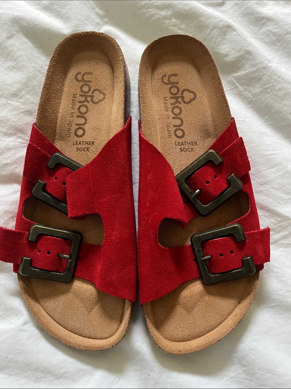 Yokono leather sock made in Spain suede red sandals metal buckles